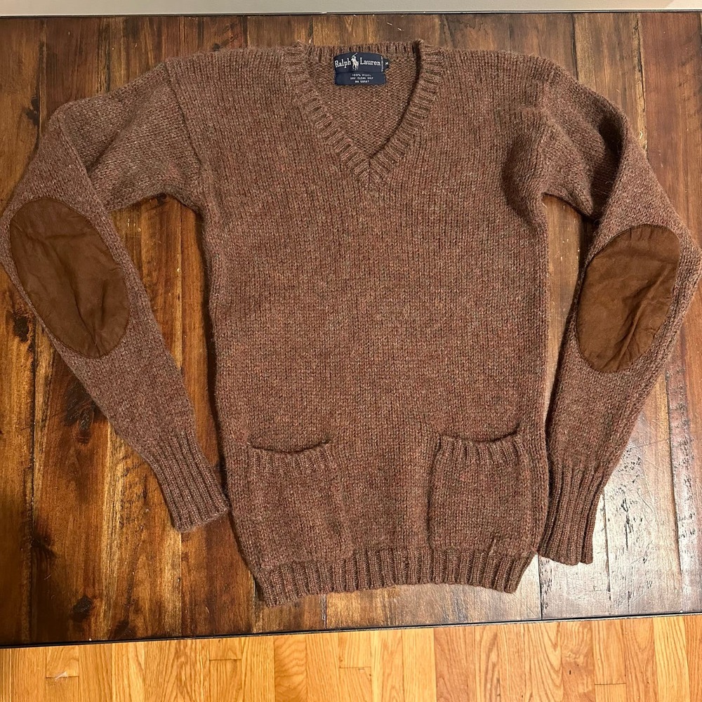 Vintage 80s Ralph Lauren chocolate brown suede elbow patch wool v-neck sweater M